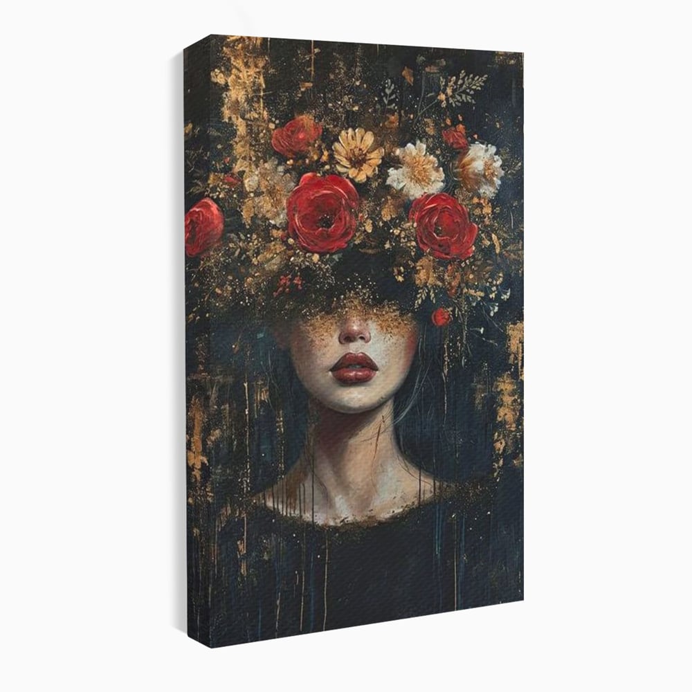 Tablou canvas cu tablou canvas cu portret de femeie si trandafiri rosii, fara rama, pe sasiu de lemn